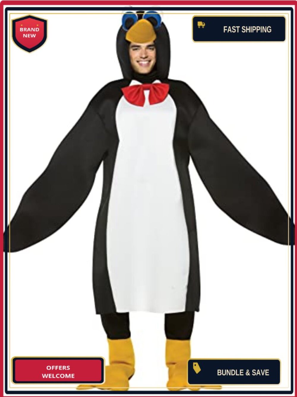 Adult Penguin Costume One Piece Tunic Wing Sleeves Hood Shoe Covers Halloween